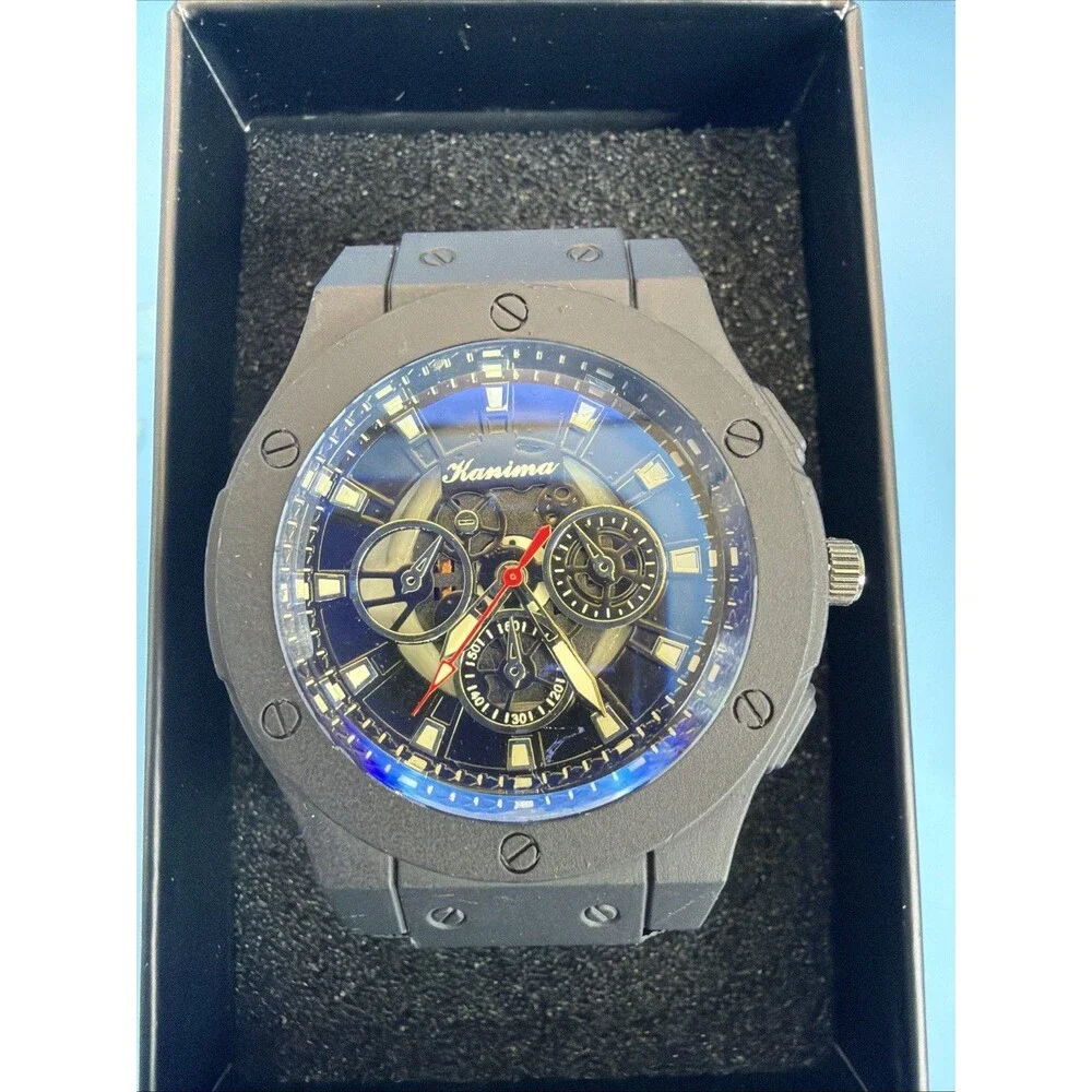 Kanima Men's Skeleton Watch Black Case Black Rubber Strap New